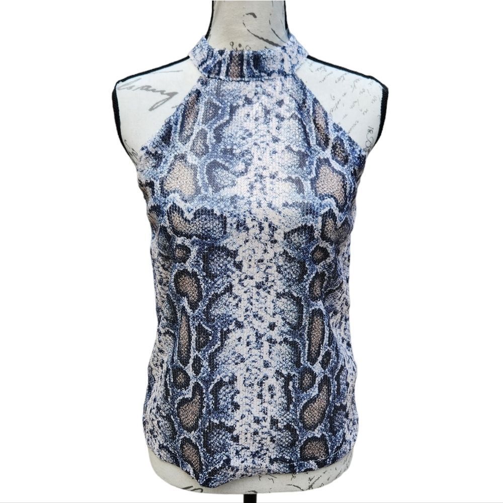 Cable & Gauge -208 Snakeskin Print Halter Neck Tank Top Grey Cream NWT XS